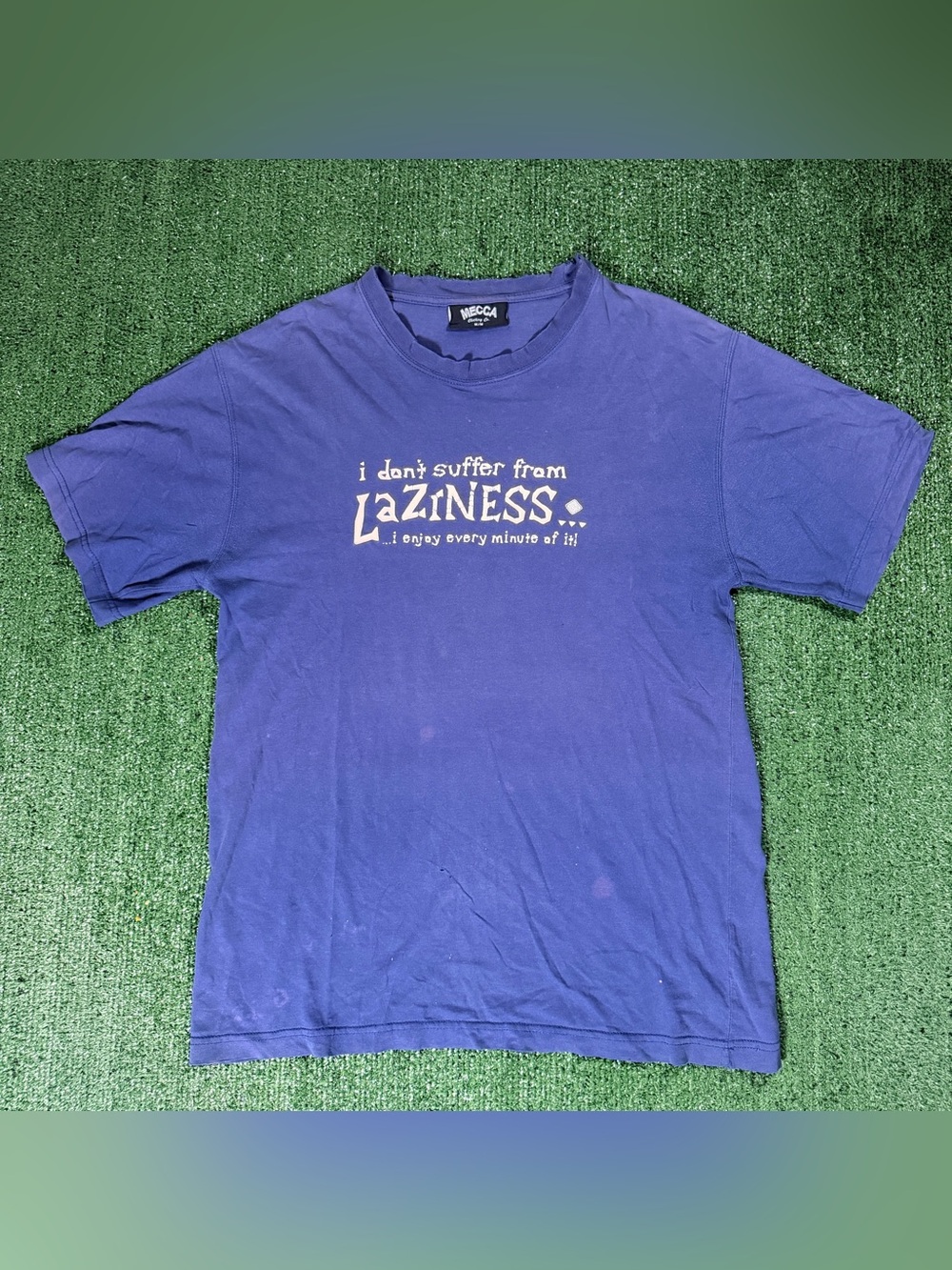 Y2K Mecca Clothing Co. Graphic T-Shirt Size Medium Blue Laziness